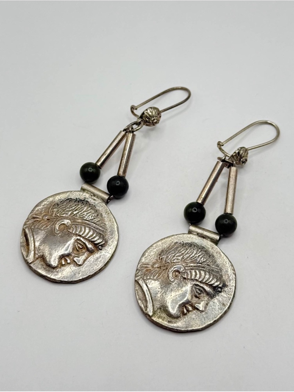 Sterling Silver Coin Drop Earrings with Black Beads Greek Athena